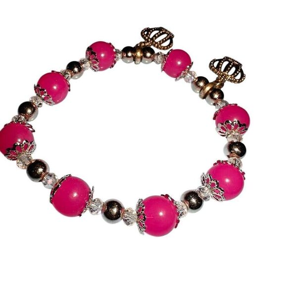 Handmade Pink Beaded Stretch Charm Crown Bracelet - Picture 2 of 3